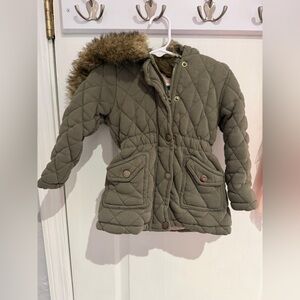 Me Jane Mini Olive Quilted Kids Jacket with removable Faux Fur Hood